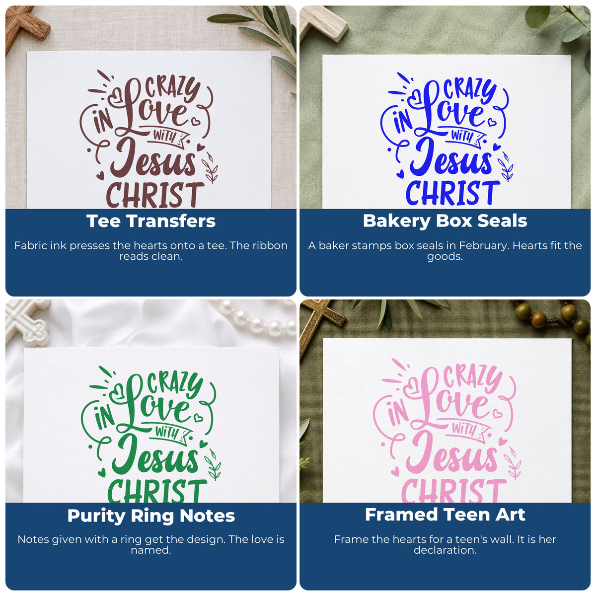 Four ways to use the Crazy In Love With Jesus Christ Leaf Accents Rubber Stamp – Duo Hand: tee transfers, bakery box seals, purity ring notes and framed teen art.