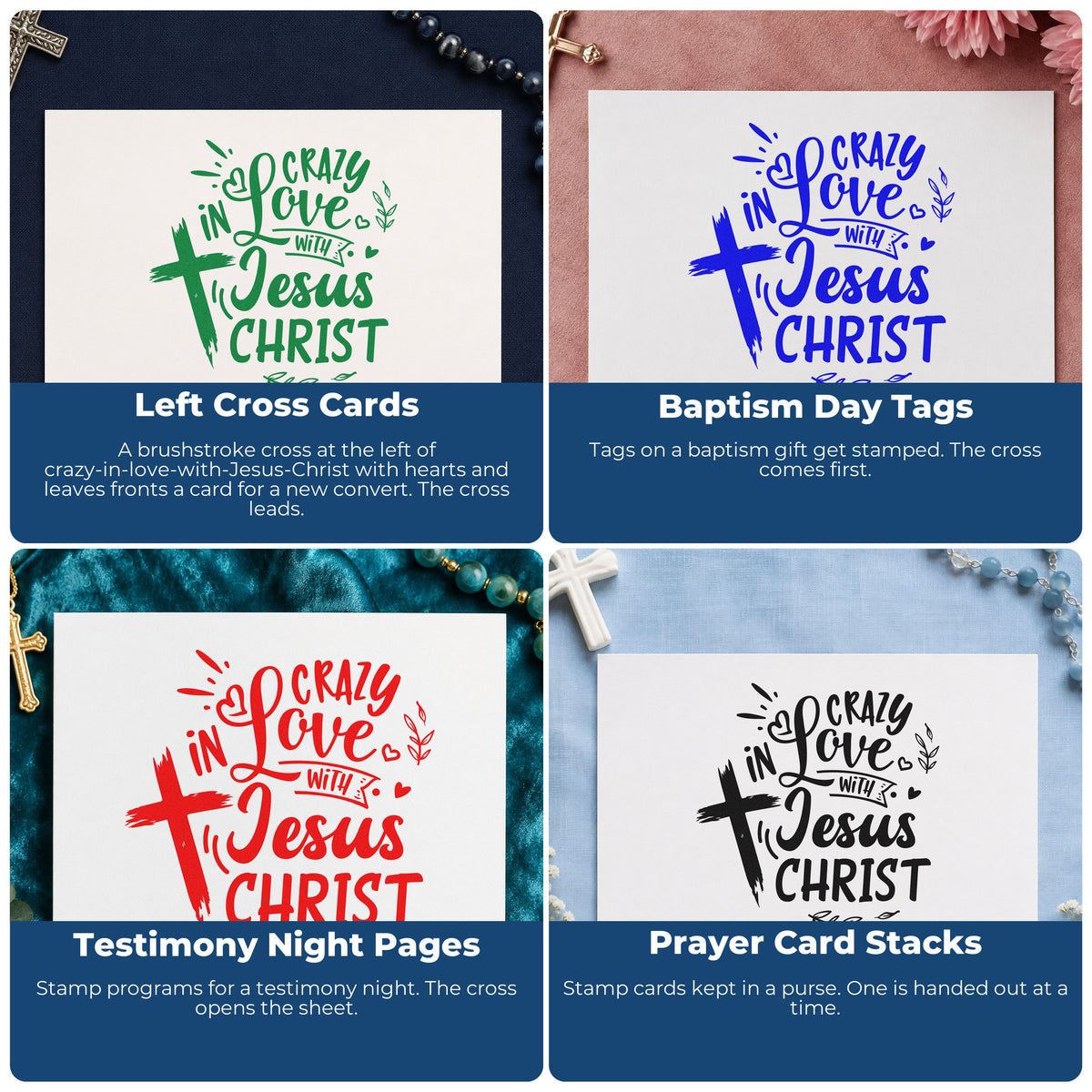 Four ways to use the Crazy In Love Cross Left Leaf Accents Self-Inking Stamp: left cross cards, baptism day tags, testimony night pages and prayer card stacks.