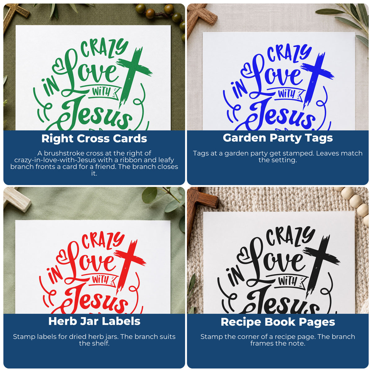 Four ways to use the Crazy In Love Cross Right Stamp – Self-Inking: right cross cards, garden party tags, herb jar labels and recipe book pages.