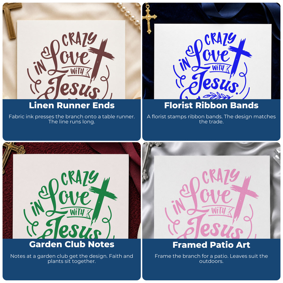 Four ways to use the Crazy In Love Cross Right Stamp – Self-Inking: linen runner ends, florist ribbon bands, garden club notes and framed patio art.