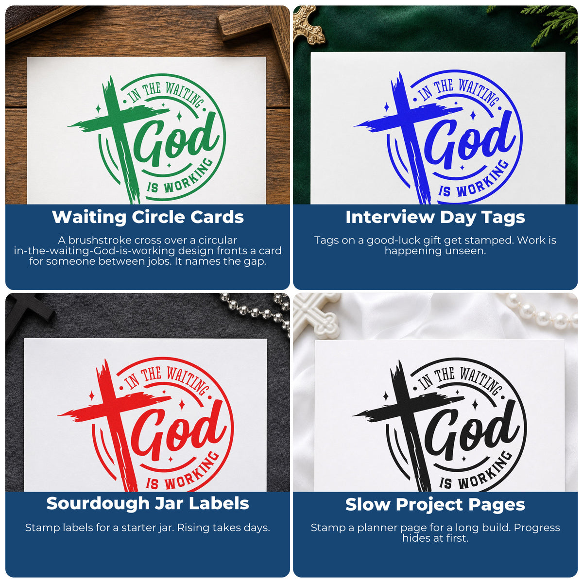 Four ways to use the In The Waiting God Works Emblem Wood Handle Stamp: waiting circle cards, interview day tags, sourdough jar labels and slow project pages.