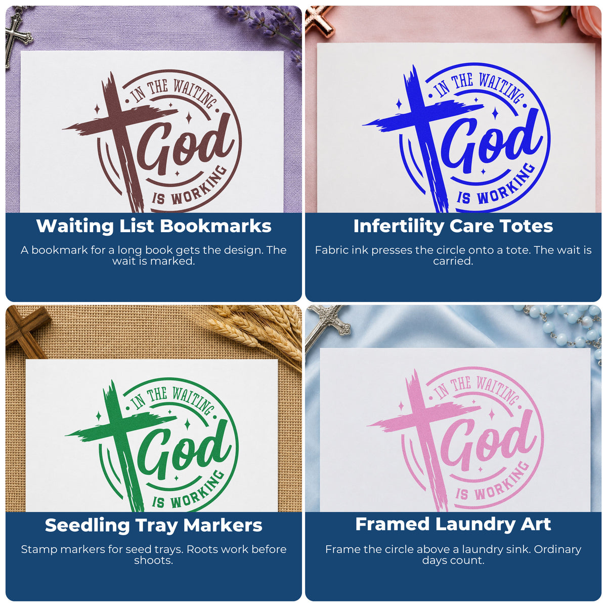 Four ways to use the Slim Pre-Inked In The Waiting God Works Emblem Stamp: waiting list bookmarks, infertility care totes, seedling tray markers and framed laundry art.