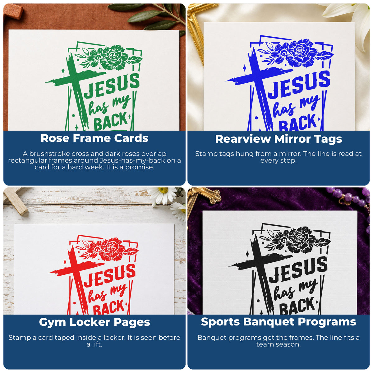 Four ways to use the Jesus Has My Back Rose Frame Premium Wooden Stamp - Vintage Pro: rose frame cards, rearview mirror tags, gym locker pages and sports banquet programs.