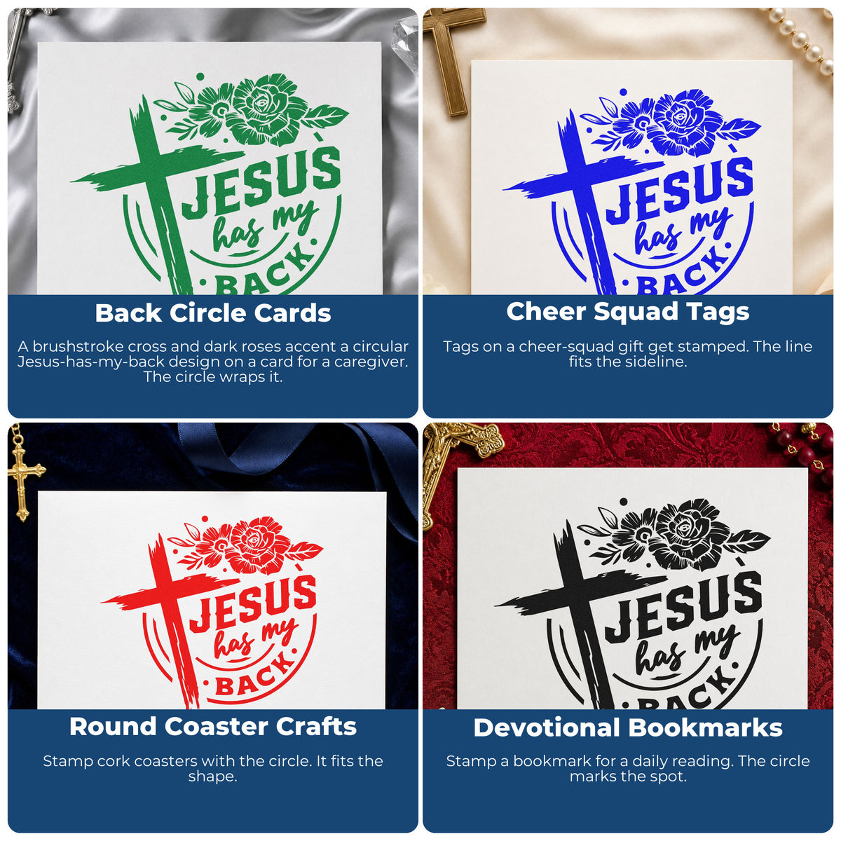 Four ways to use the Jesus Has My Back Rose Emblem Stamp – Duo Hand: back circle cards, cheer squad tags, round coaster crafts and devotional bookmarks.