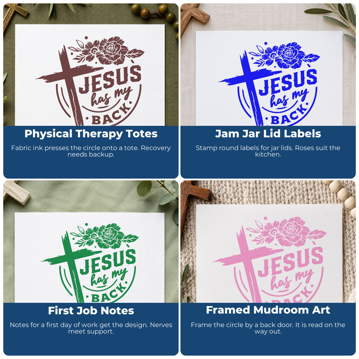 Four ways to use the Jesus Has My Back Rose Emblem Rubber Stamp – Wood Handle: physical therapy totes, jam jar lid labels, first job notes and framed mudroom art.
