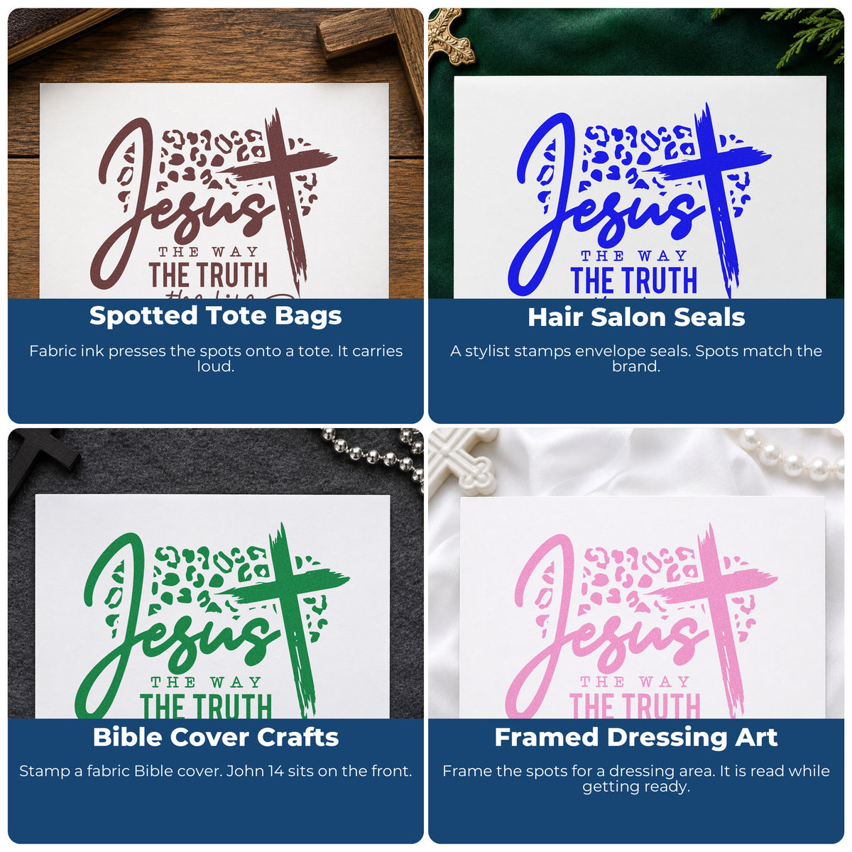 Four ways to use the Leopard Cross Jesus Way Truth Life Pre-Inked Stamp – Slim: spotted tote bags, hair salon seals, bible cover crafts and framed dressing art.