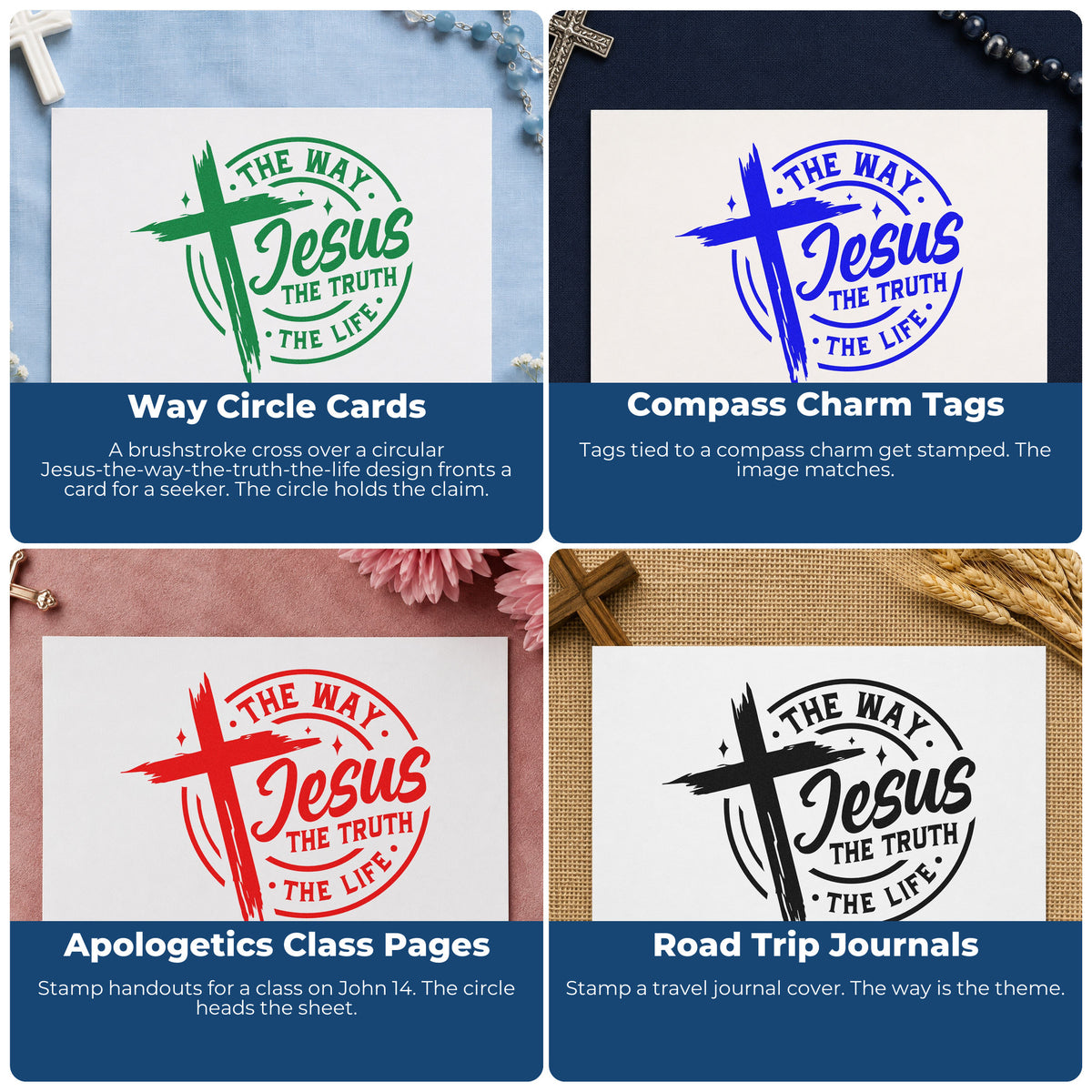 Four ways to use the Jesus Way Truth Life Badge Self-Inking Stamp: way circle cards, compass charm tags, apologetics class pages and road trip journals.