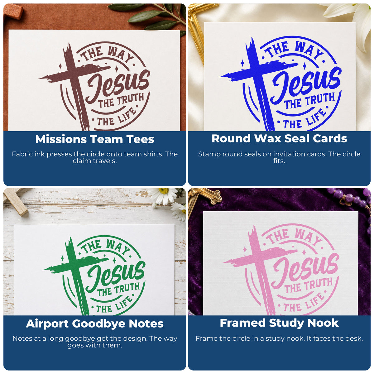 Four ways to use the Jesus Way Truth Life Badge Wood Handle Stamp: missions team tees, round wax seal cards, airport goodbye notes and framed study nook.