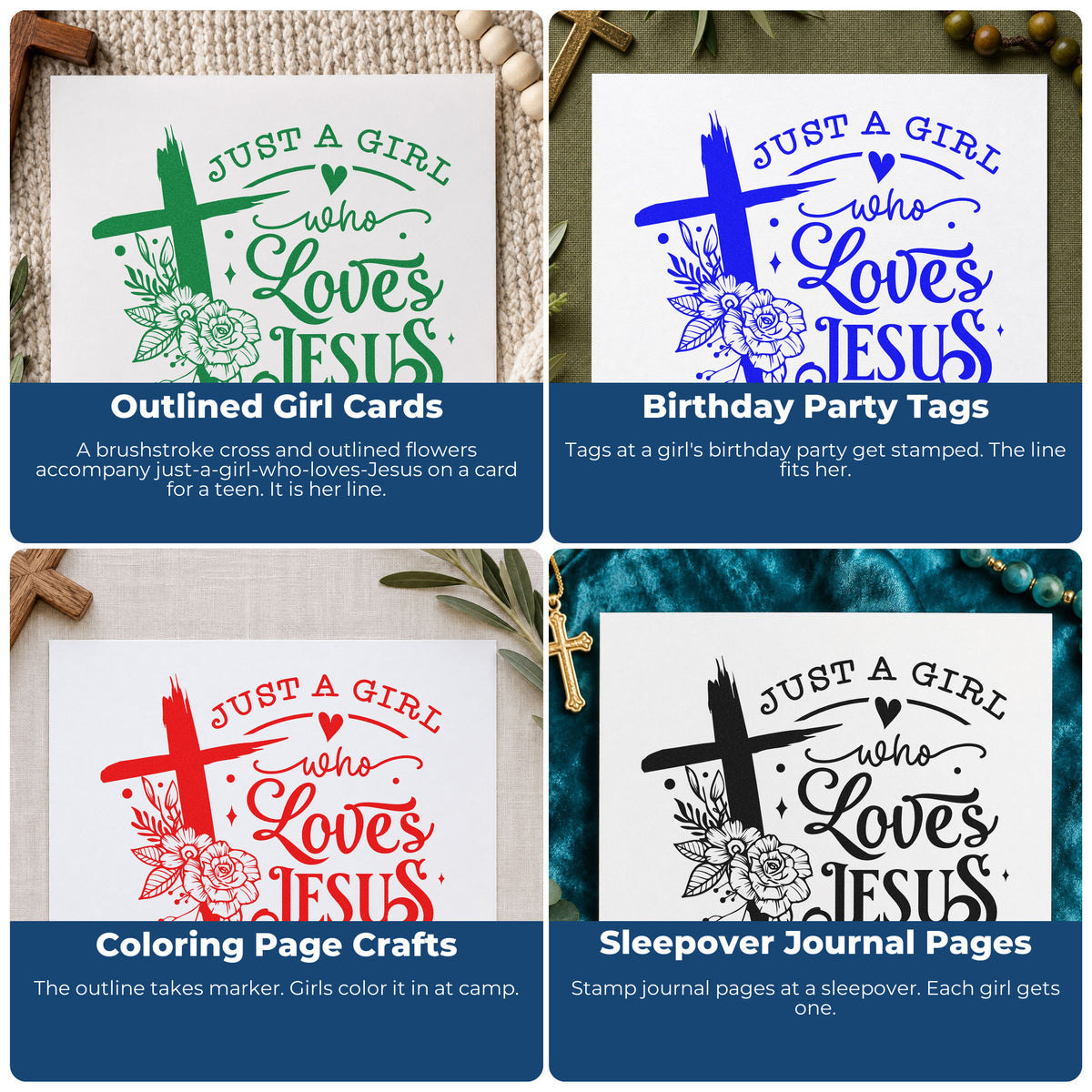 Four ways to use the Girl Who Loves Jesus Floral Rubber Stamp – Wood Handle: outlined girl cards, birthday party tags, coloring page crafts and sleepover journal pages.