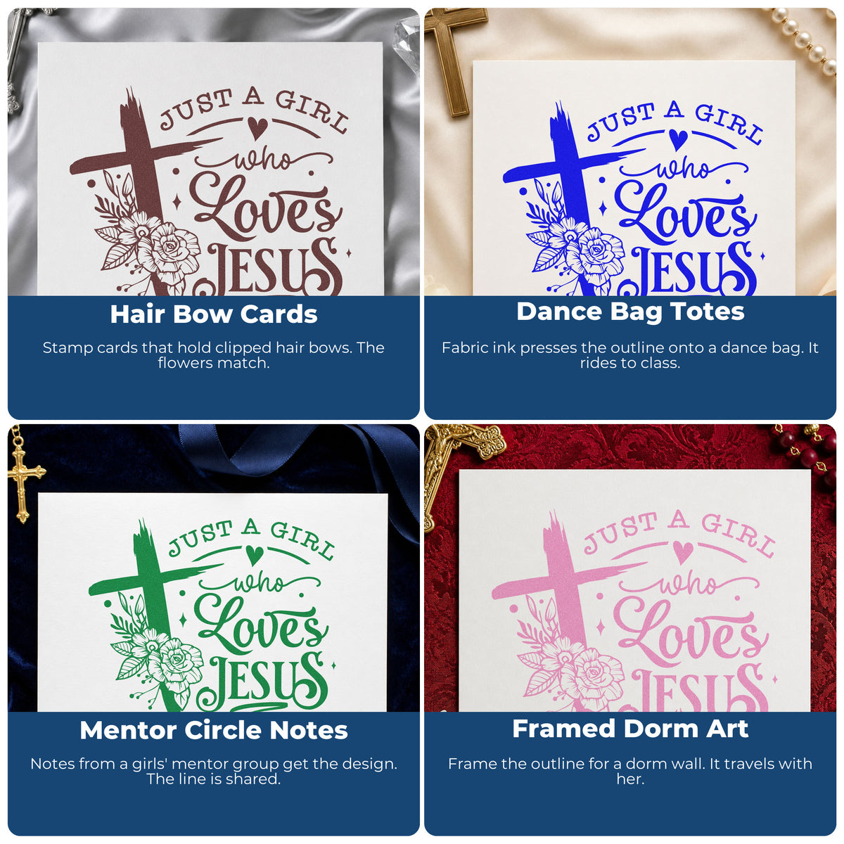Four ways to use the Girl Who Loves Jesus Floral Rubber Stamp – Wood Handle: hair bow cards, dance bag totes, mentor circle notes and framed dorm art.
