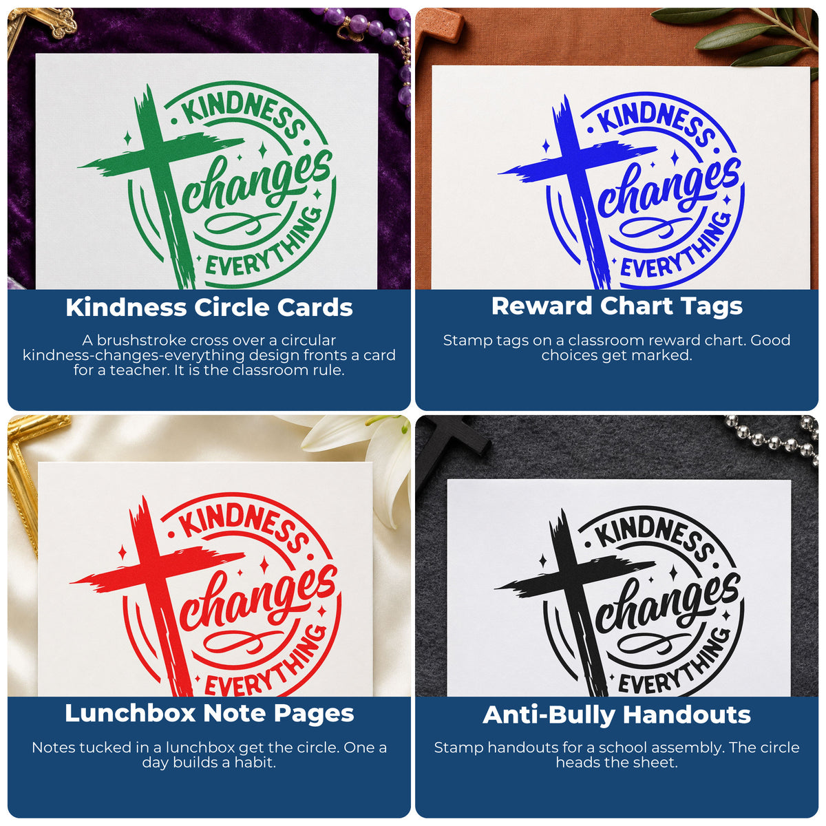 Four ways to use the Kindness Changes Everything Craft Stamp – Self-Inking: kindness circle cards, reward chart tags, lunchbox note pages and anti-bully handouts.