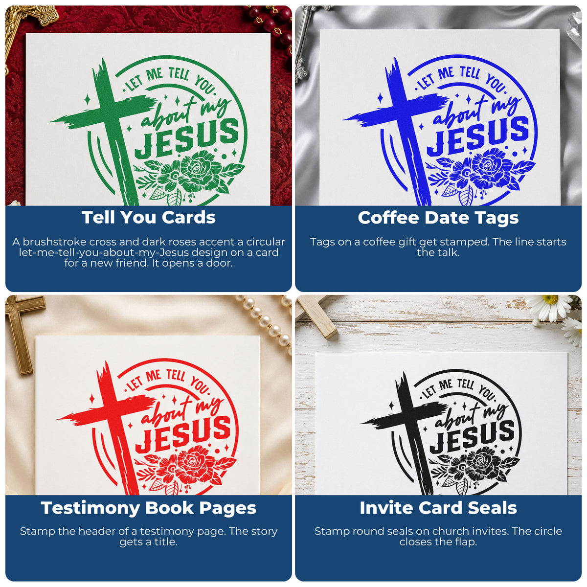 Four ways to use the Let Me Tell You About Jesus Stamp – Wood Handle: tell you cards, coffee date tags, testimony book pages and invite card seals.