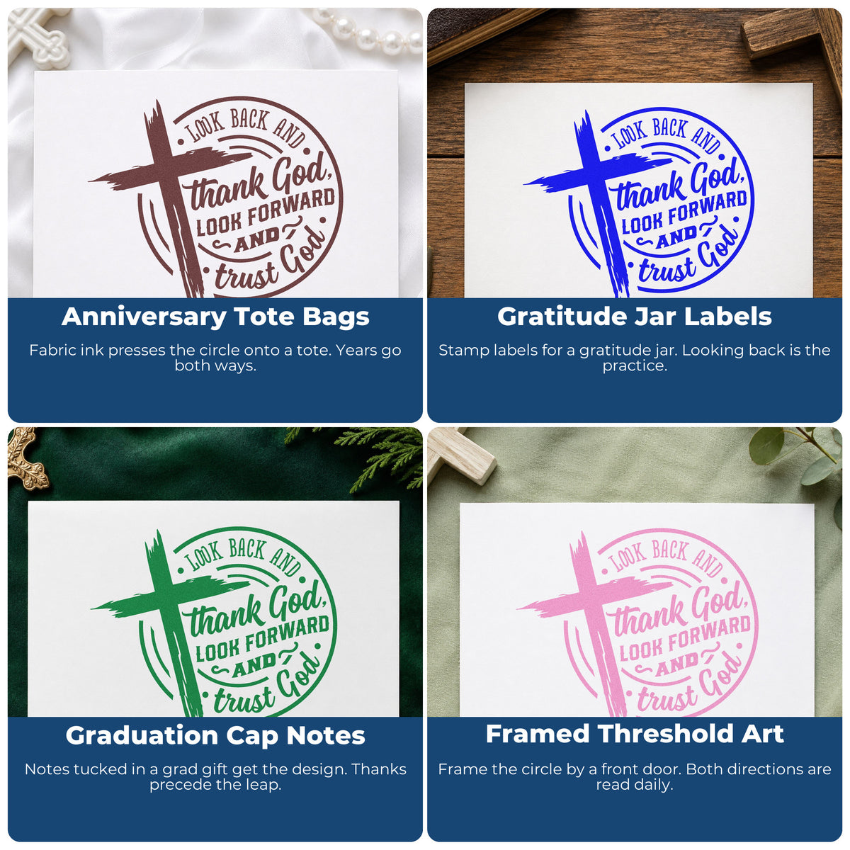 Four ways to use the Look Back Thank God Badge Rubber Stamp – Wood Handle: anniversary tote bags, gratitude jar labels, graduation cap notes and framed threshold art.