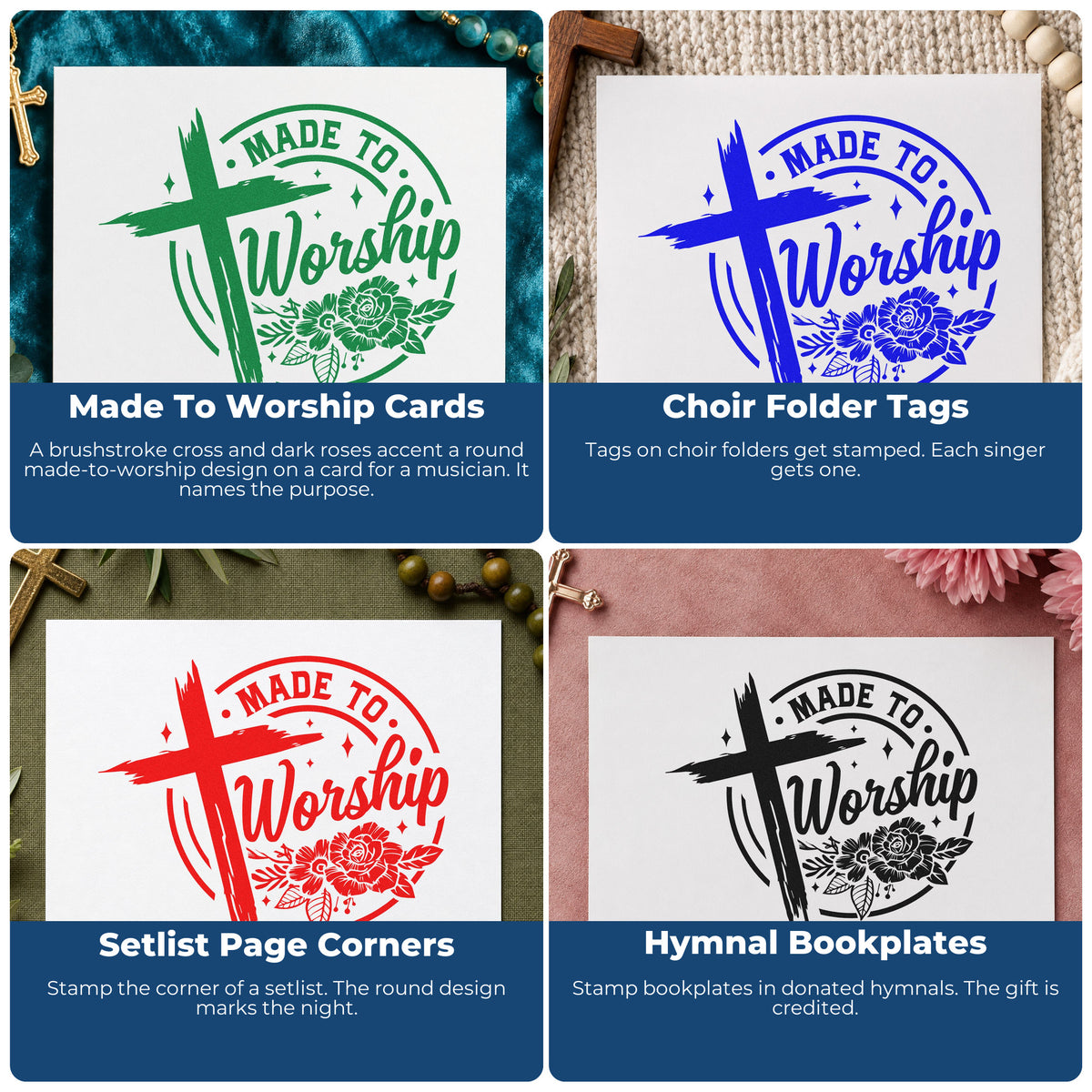 Four ways to use the Made To Worship Roses Pre-Inked Stamp – Slim: made to worship cards, choir folder tags, setlist page corners and hymnal bookplates.