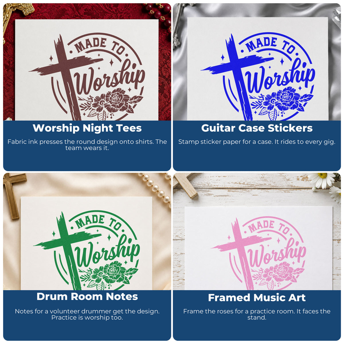 Four ways to use the Made To Worship Roses Self-Inking Stamp: worship night tees, guitar case stickers, drum room notes and framed music art.