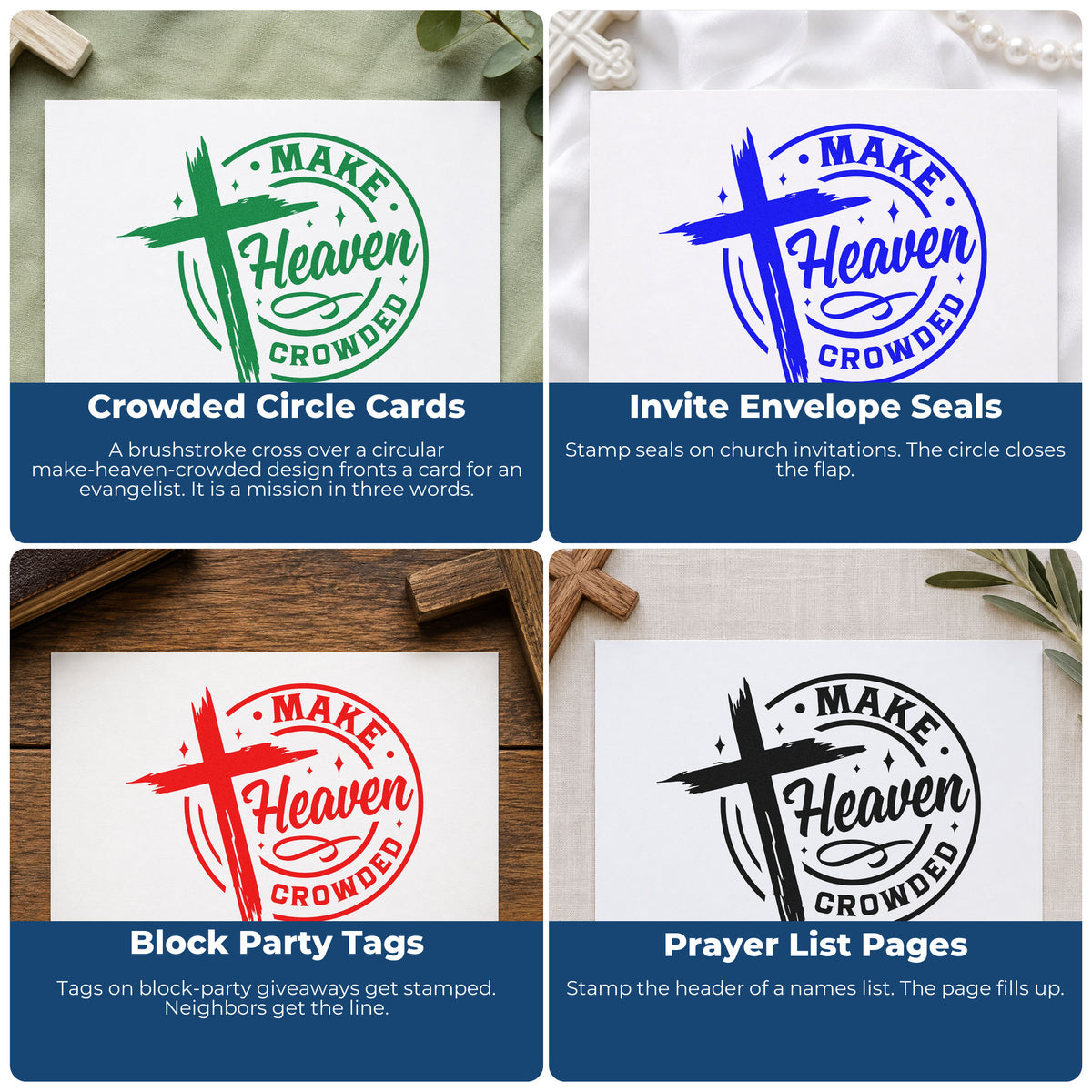Four ways to use the Make Heaven Crowded Emblem Rubber Stamp – Wood Handle: crowded circle cards, invite envelope seals, block party tags and prayer list pages.