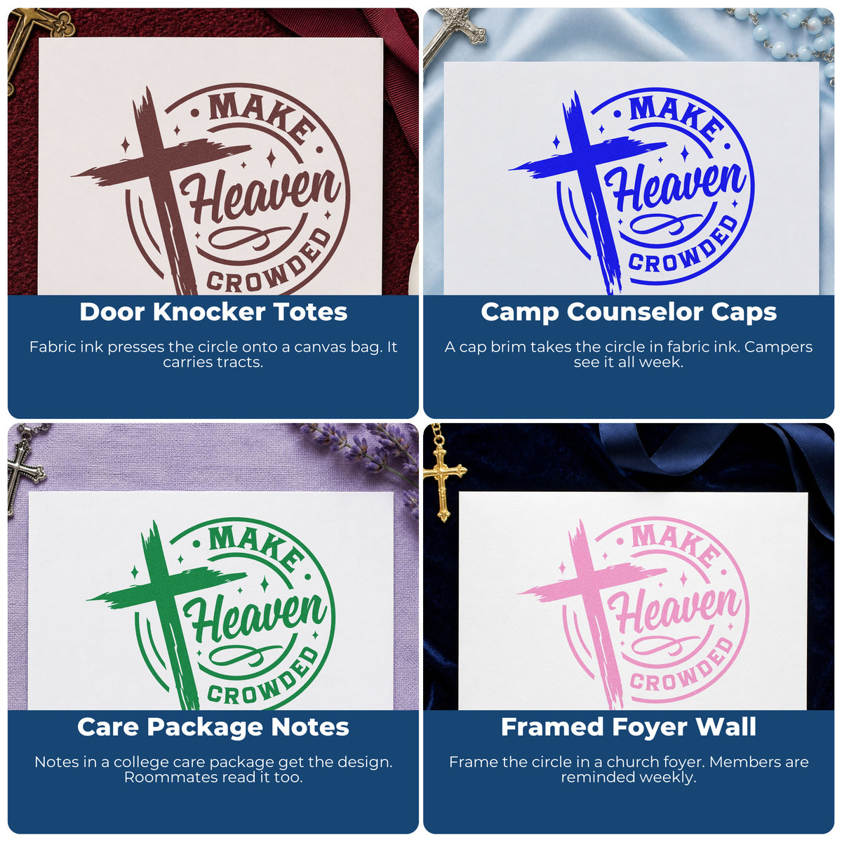 Four ways to use the Self-Inking Make Heaven Crowded Emblem Stamp: door knocker totes, camp counselor caps, care package notes and framed foyer wall.
