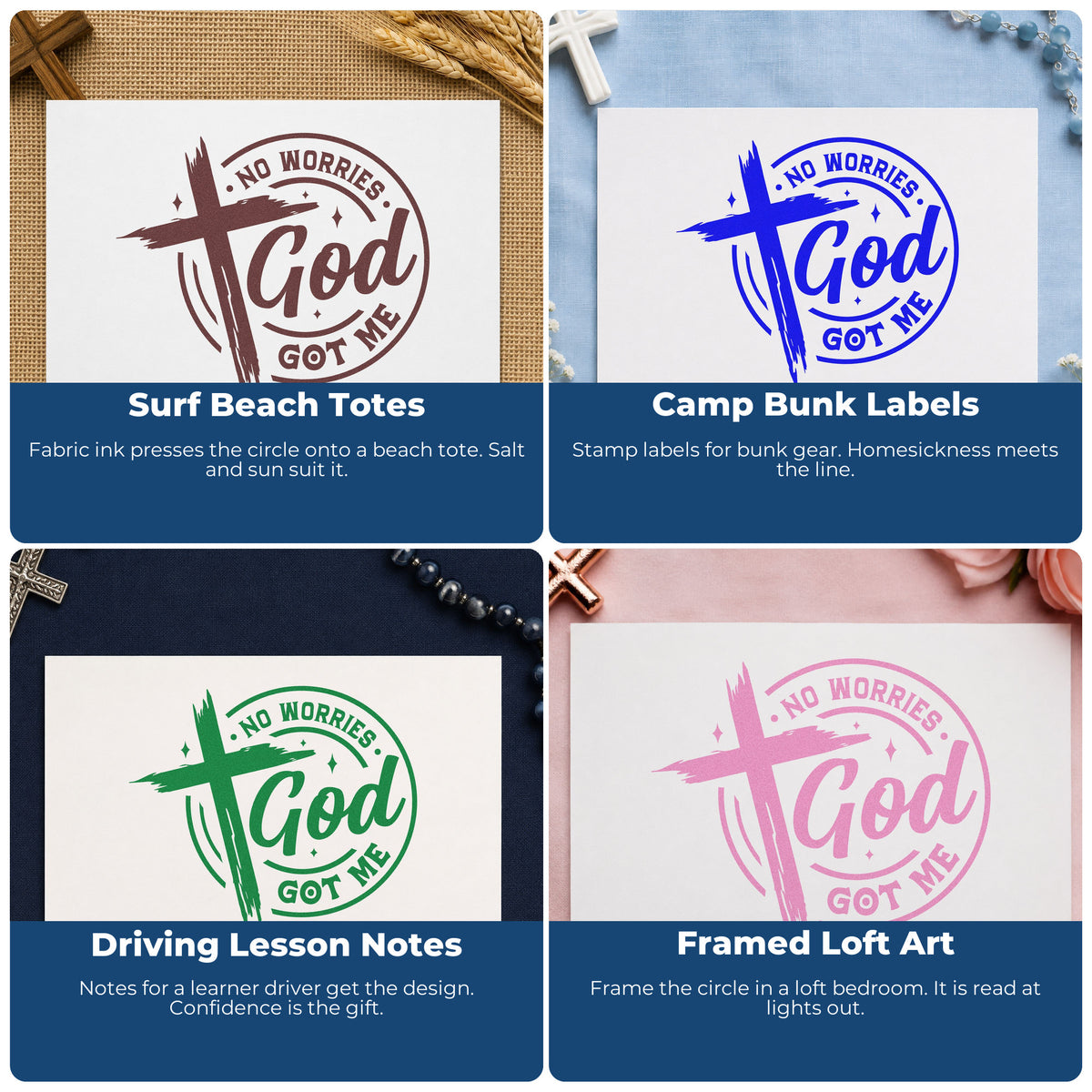 Four ways to use the Wood Handle No Worries God Got Me Badge Rubber Stamp: surf beach totes, camp bunk labels, driving lesson notes and framed loft art.