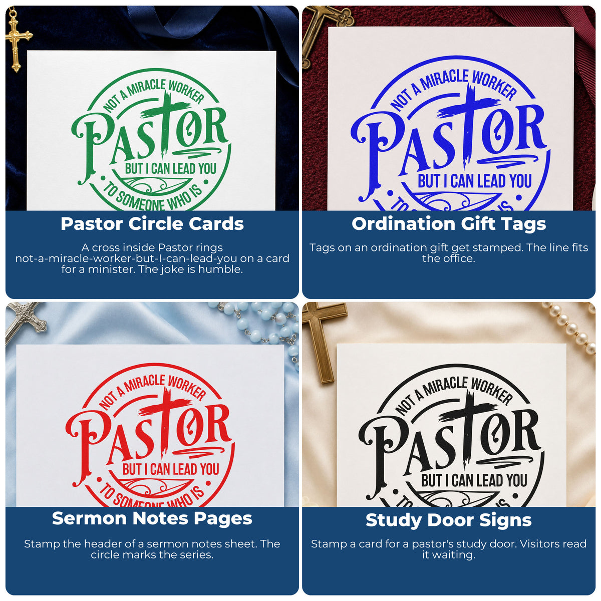 Four ways to use the Pastor Not A Miracle Worker Stamp – Self-Inking: pastor circle cards, ordination gift tags, sermon notes pages and study door signs.