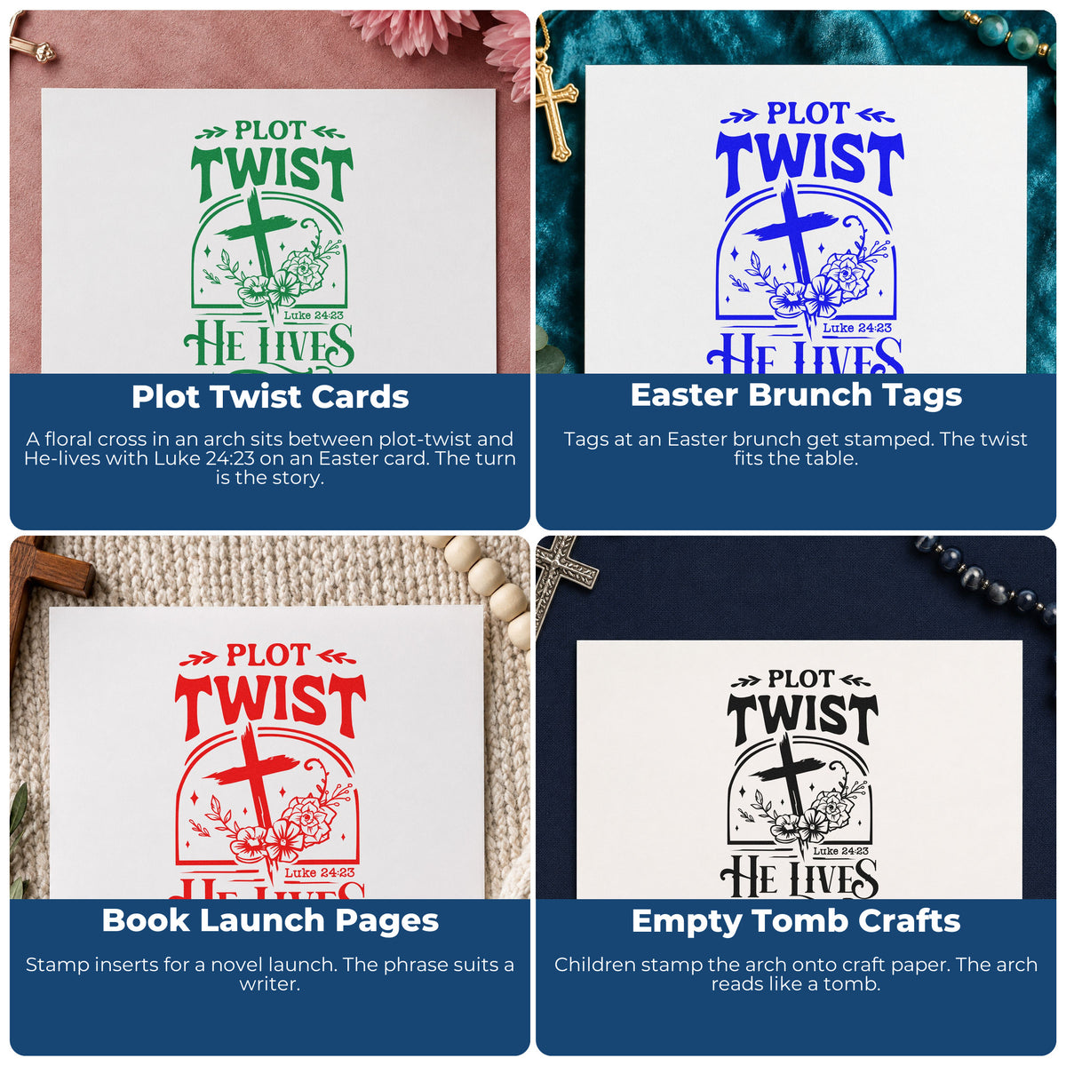 Four ways to use the Plot Twist He Lives Premium Wooden Stamp - Vintage Pro: plot twist cards, easter brunch tags, book launch pages and empty tomb crafts.
