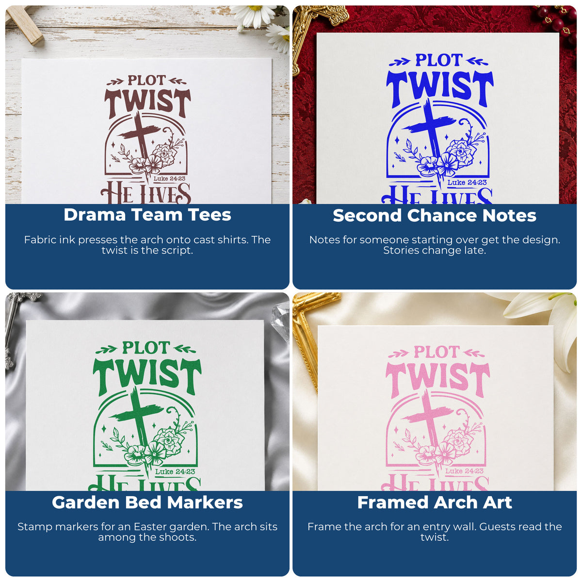 Four ways to use the Plot Twist He Lives Pre-Inked Stamp – Slim: drama team tees, second chance notes, garden bed markers and framed arch art.