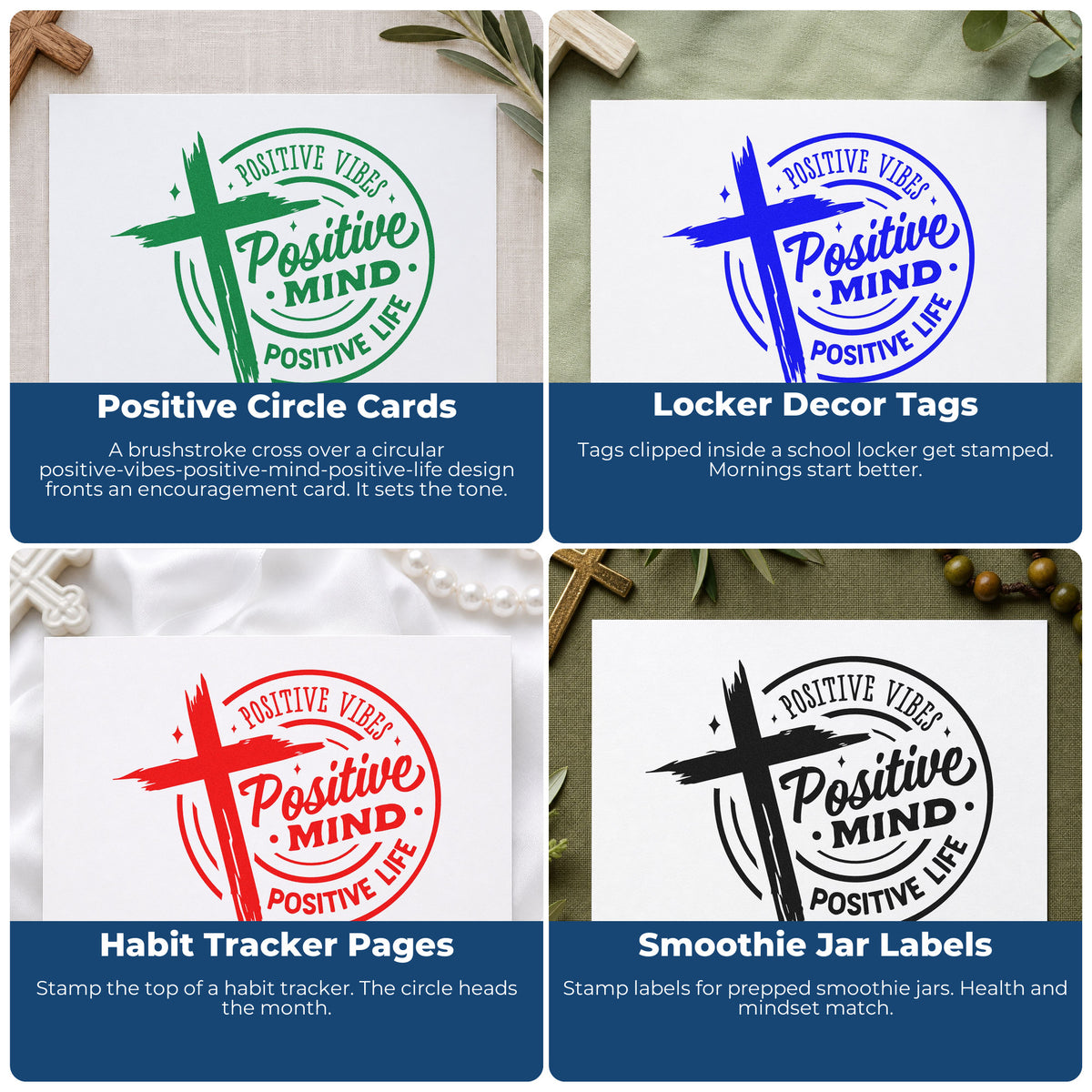 Four ways to use the Positive Mind Positive Life Stamp – Wood Handle: positive circle cards, locker decor tags, habit tracker pages and smoothie jar labels.