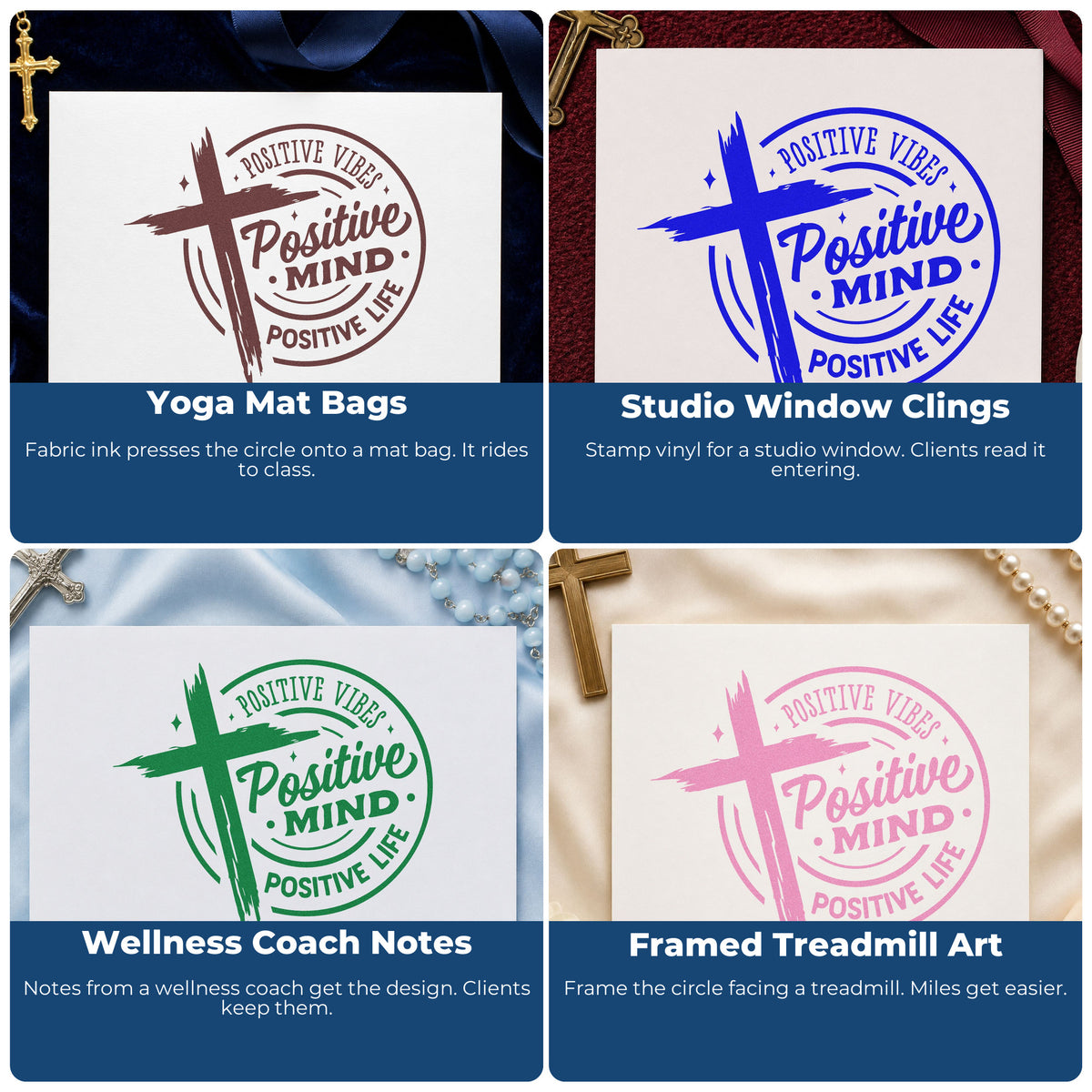 Four ways to use the Positive Mind Positive Life Stamp – Wood Handle: yoga mat bags, studio window clings, wellness coach notes and framed treadmill art.