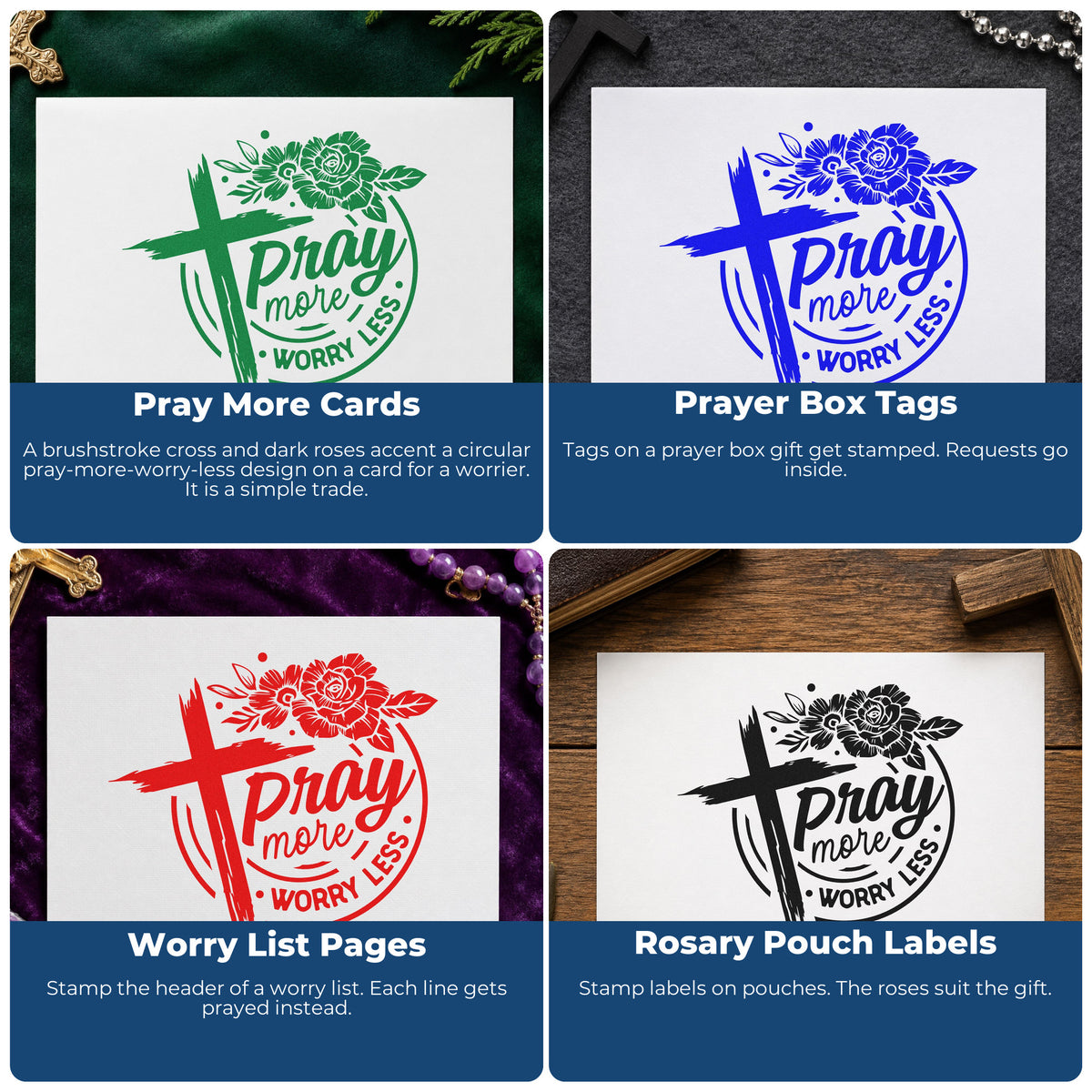 Four ways to use the Pray More Worry Less Roses Duo Hand Stamp: pray more cards, prayer box tags, worry list pages and rosary pouch labels.