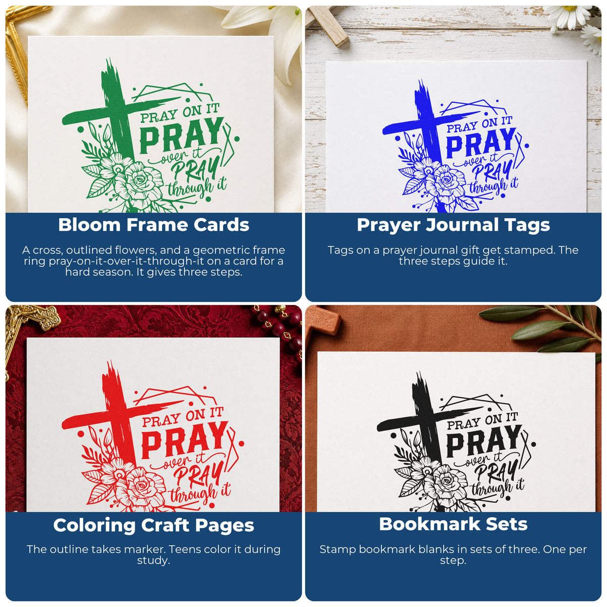 Four ways to use the Slim Pre-Inked Pray On It Floral Framed Lettering Stamp: bloom frame cards, prayer journal tags, coloring craft pages and bookmark sets.