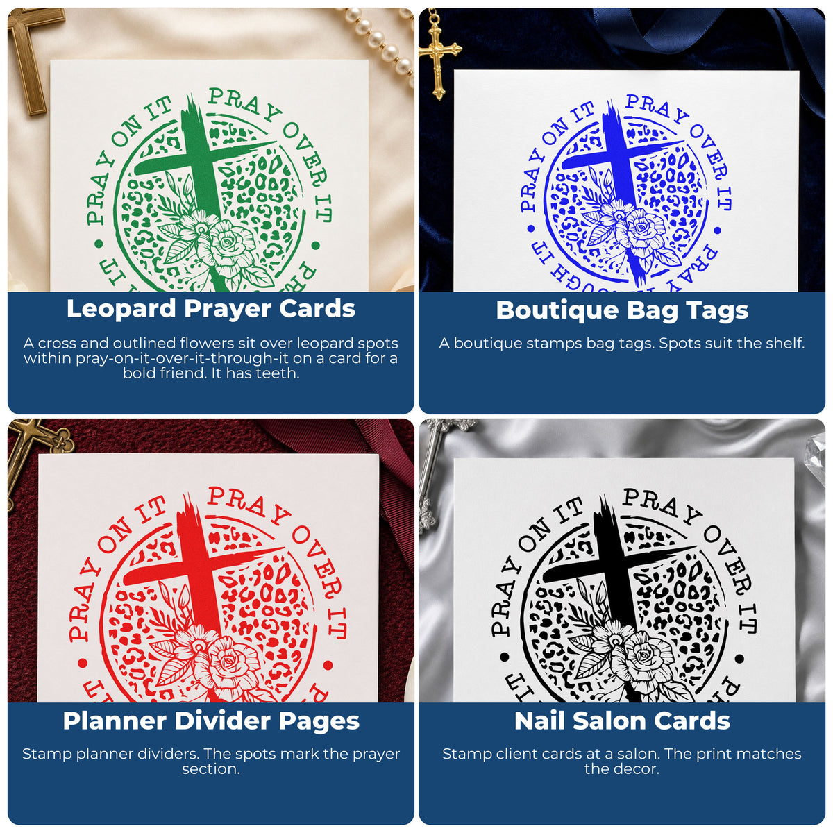 Four ways to use the Pray Leopard Floral Circle Pre-Inked Stamp – Slim: leopard prayer cards, boutique bag tags, planner divider pages and nail salon cards.