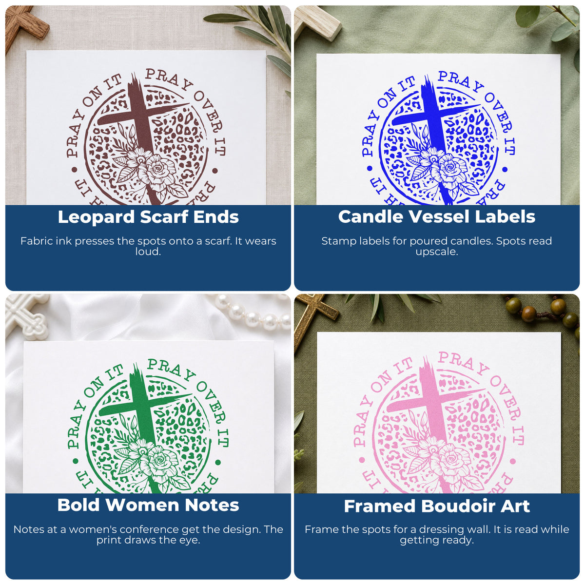 Four ways to use the Pray Leopard Floral Circle Wood-Mounted Rubber Stamp: leopard scarf ends, candle vessel labels, bold women notes and framed boudoir art.