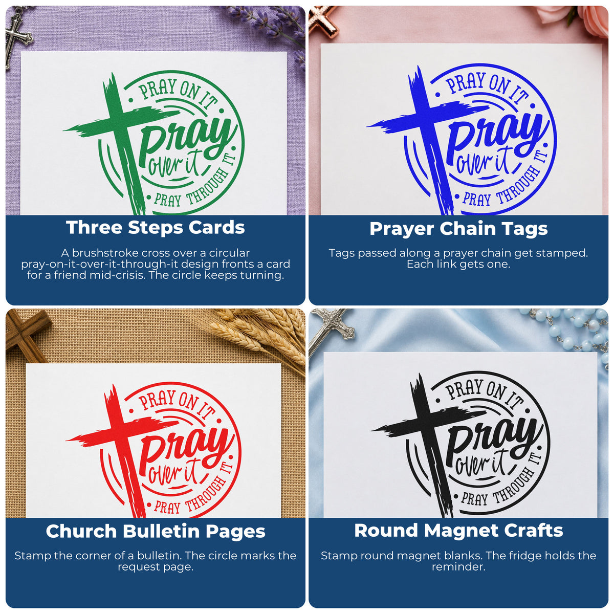 Four ways to use the Self-Inking Pray Over It Emblem Stamp: three steps cards, prayer chain tags, church bulletin pages and round magnet crafts.