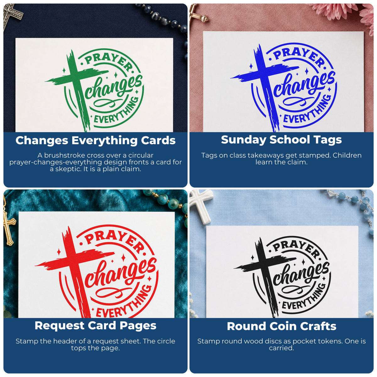 Four ways to use the Prayer Changes Everything Badge Stamp – Self-Inking: changes everything cards, sunday school tags, request card pages and round coin crafts.