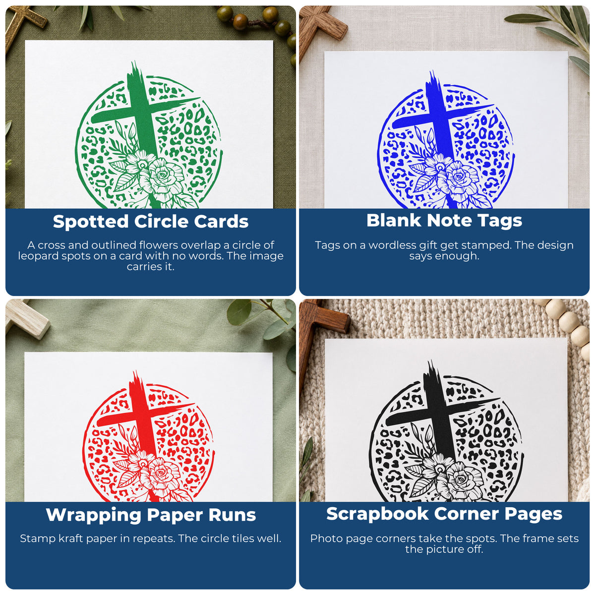 Four ways to use the Leopard Floral Cross Stamp - Premium Vintage Pro Wooden: spotted circle cards, blank note tags, wrapping paper runs and scrapbook corner pages.