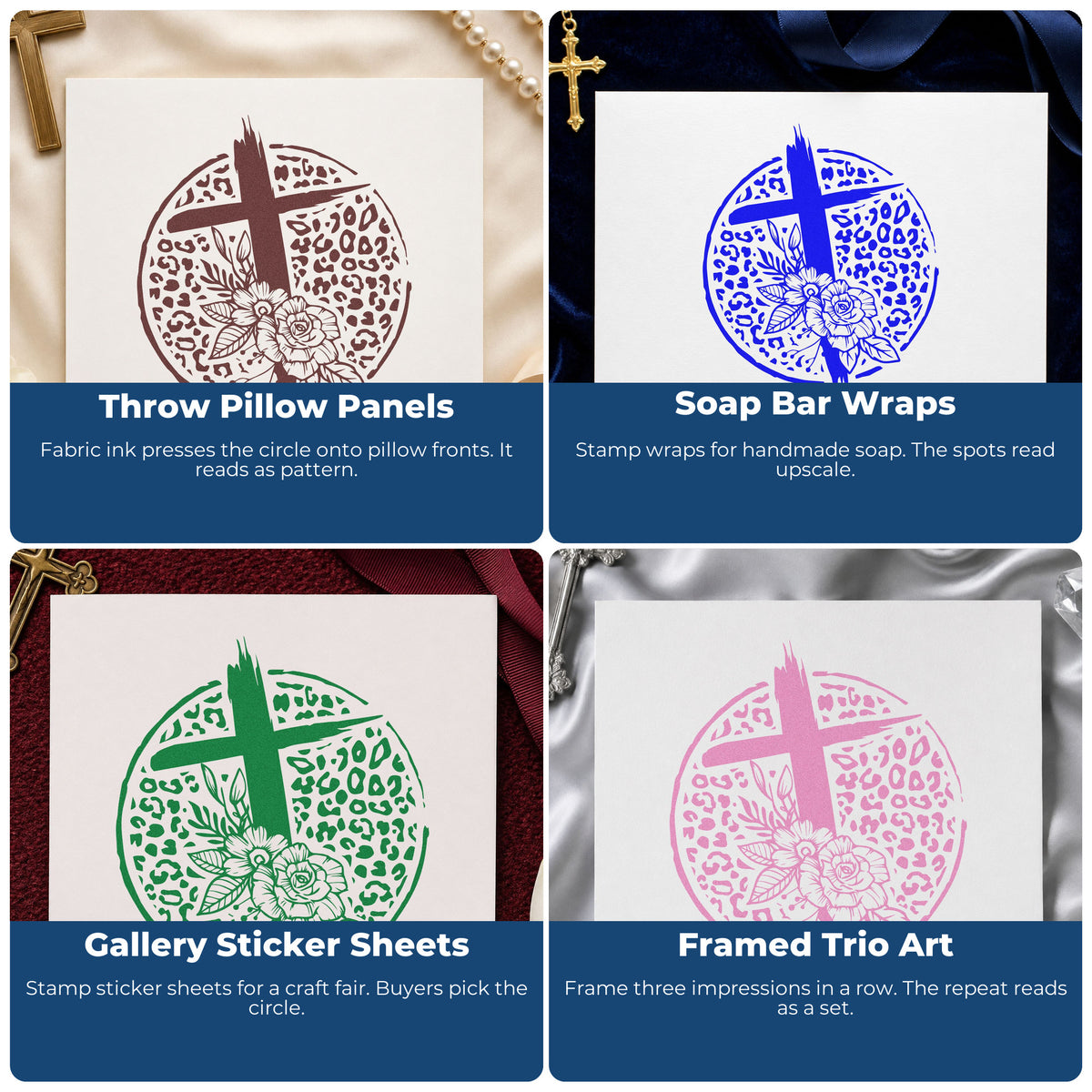 Four ways to use the Leopard Floral Cross Wood Handle Stamp: throw pillow panels, soap bar wraps, gallery sticker sheets and framed trio art.