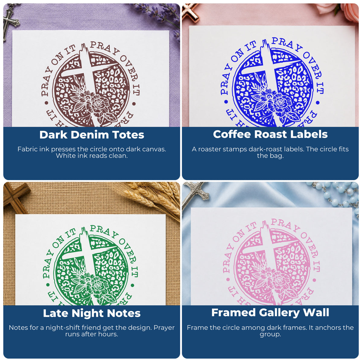 Four ways to use the Pray Solid Floral Circle Rubber Stamp – Wood Handle: dark denim totes, coffee roast labels, late night notes and framed gallery wall.