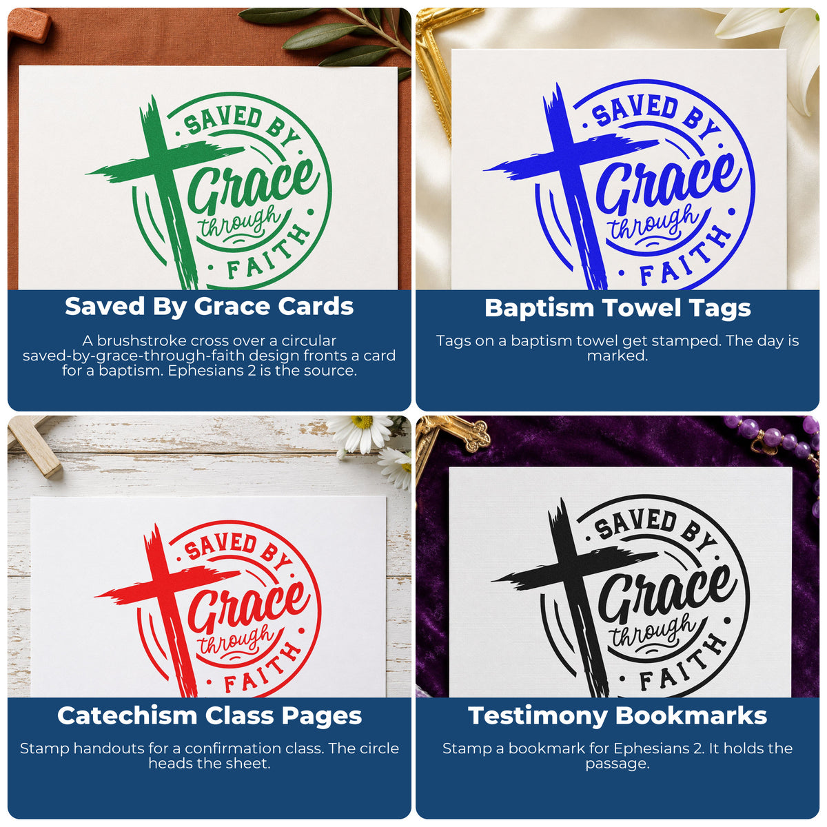 Four ways to use the Saved By Grace Through Faith Brushstroke Cross Self-Inking Stamp: saved by grace cards, baptism towel tags, catechism class pages and testimony bookmarks.