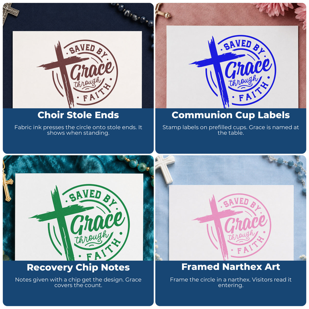 Four ways to use the Saved By Grace Through Faith Brushstroke Cross Pre-Inked Stamp – PSI: choir stole ends, communion cup labels, recovery chip notes and framed narthex art.