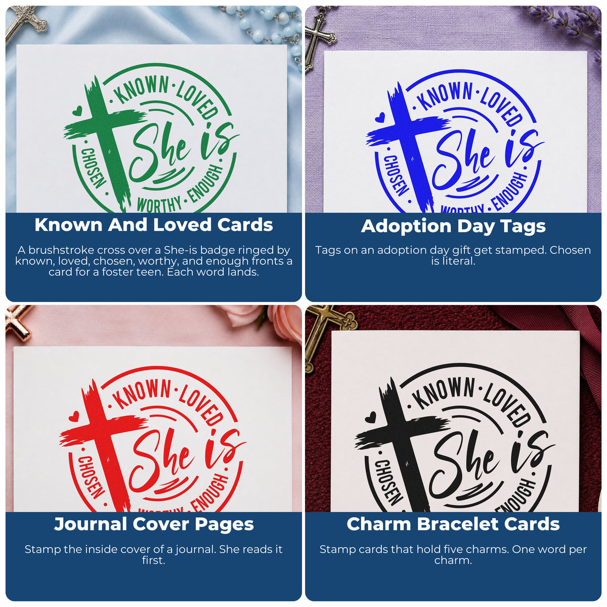 Four ways to use the She Is Known Loved Worthy Brushstroke Cross Self-Inking Stamp: known and loved cards, adoption day tags, journal cover pages and charm bracelet cards.