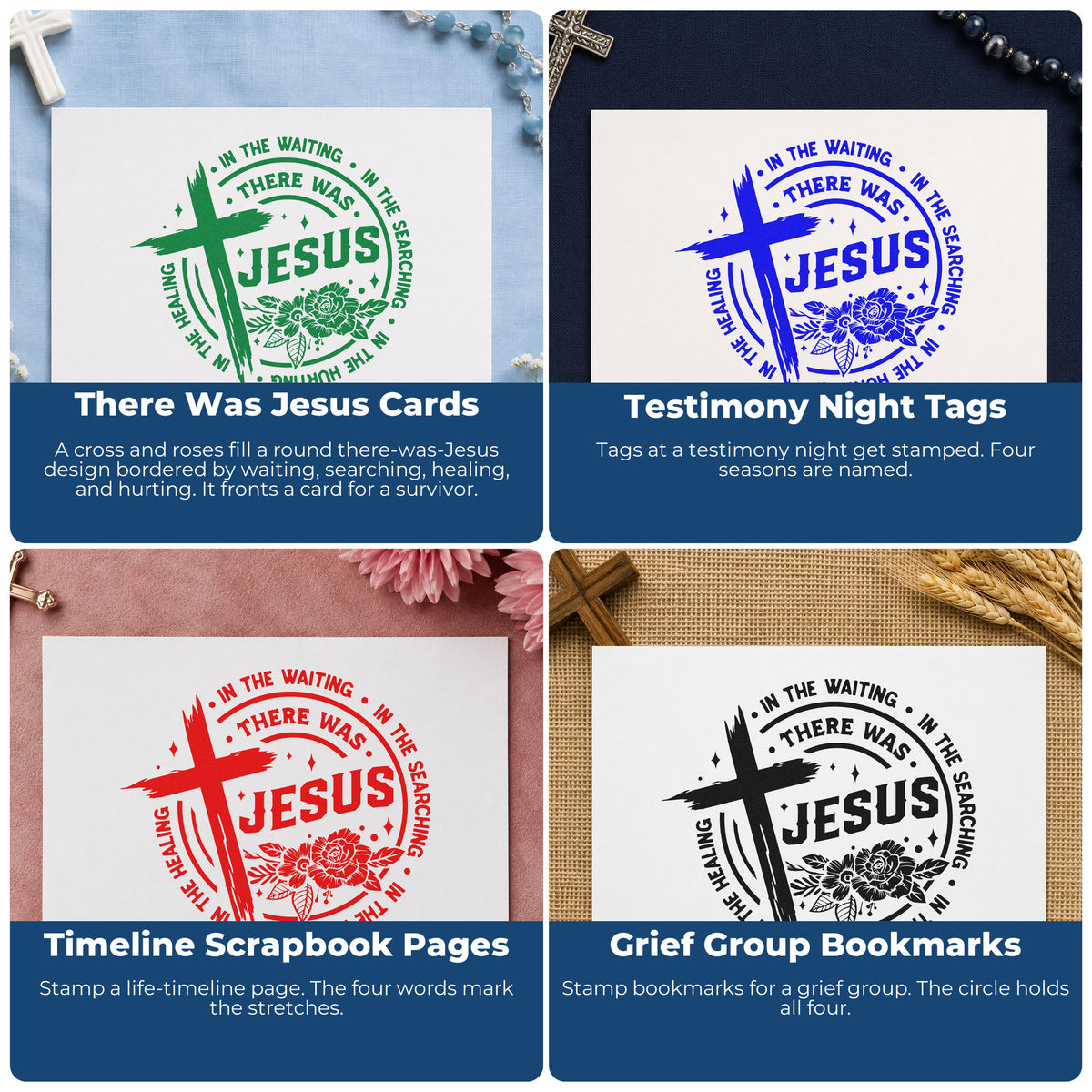 Four ways to use the There Was Jesus Rubber Stamp – Wood Handle: there was jesus cards, testimony night tags, timeline scrapbook pages and grief group bookmarks.