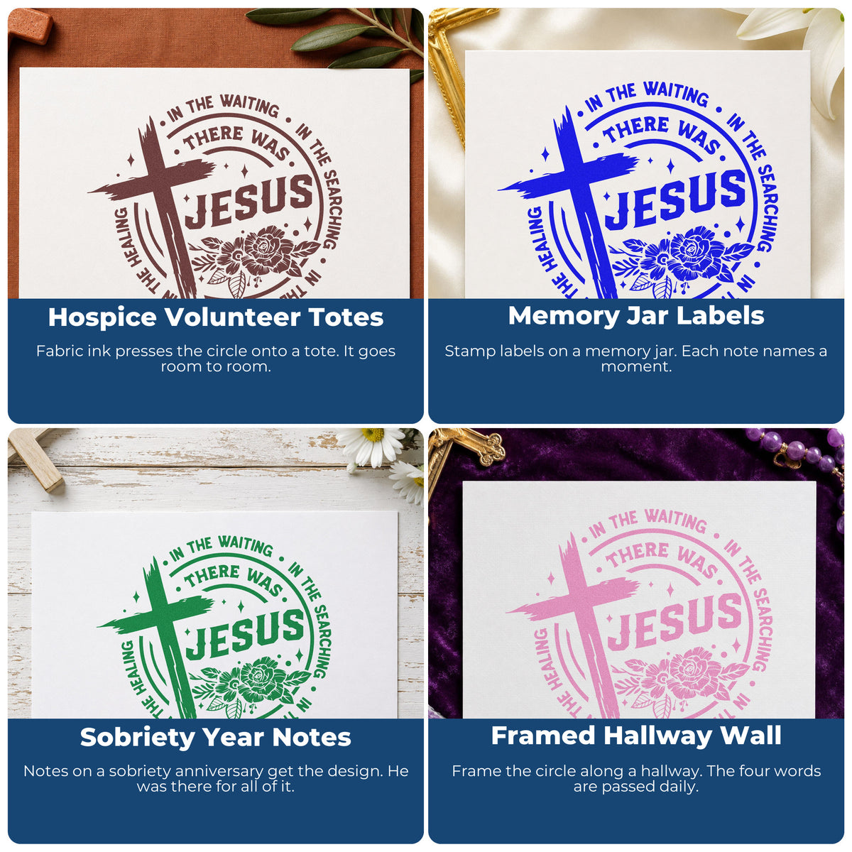 Four ways to use the There Was Jesus Stamp – Self-Inking: hospice volunteer totes, memory jar labels, sobriety year notes and framed hallway wall.