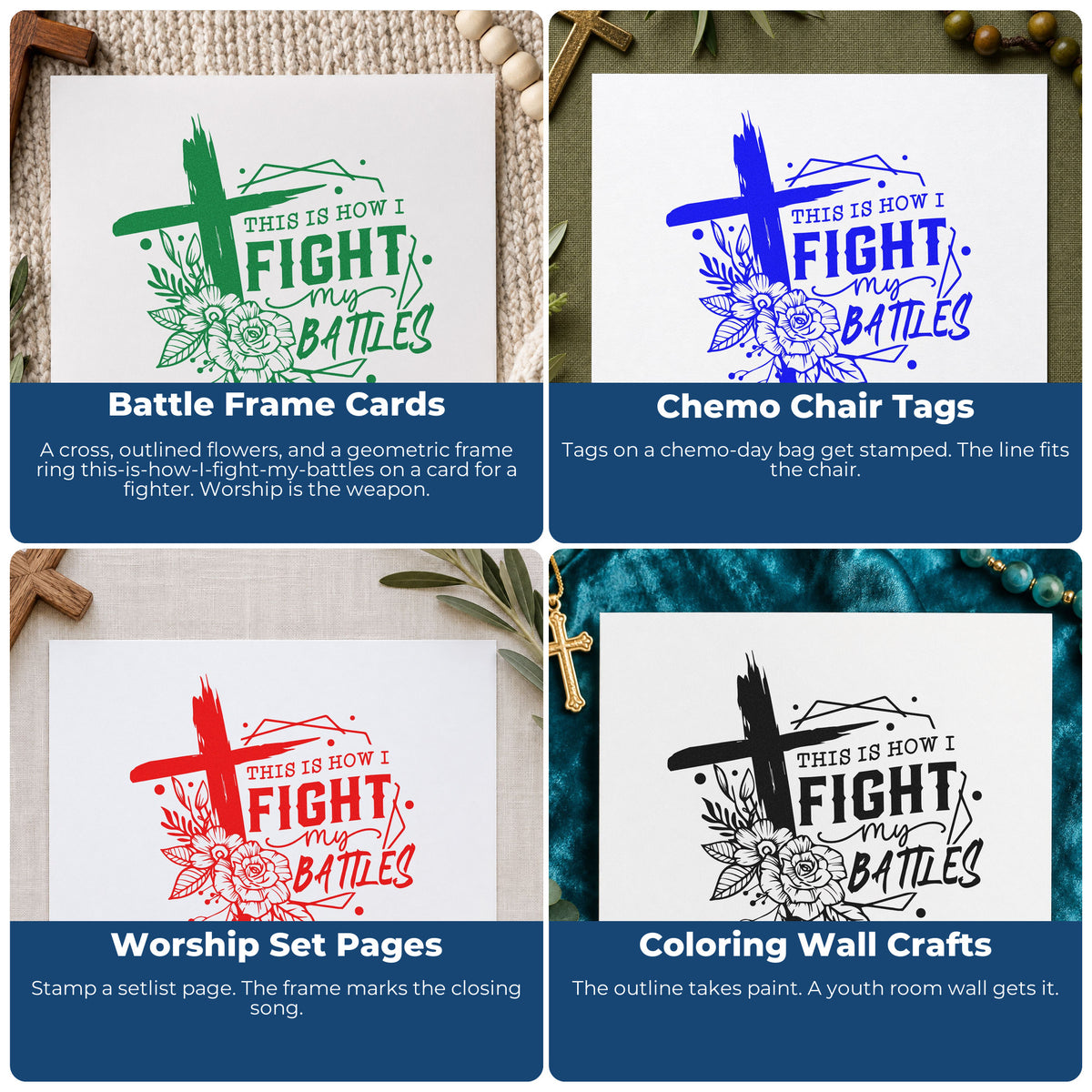 Four ways to use the Fight My Battles Floral Frame Self-Inking Craft Stamp: battle frame cards, chemo chair tags, worship set pages and coloring wall crafts.