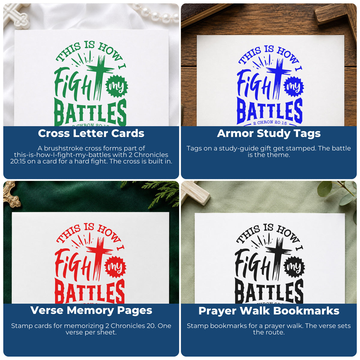 Four ways to use the This Is How I Fight My Battles Stamp – Self-Inking: cross letter cards, armor study tags, verse memory pages and prayer walk bookmarks.