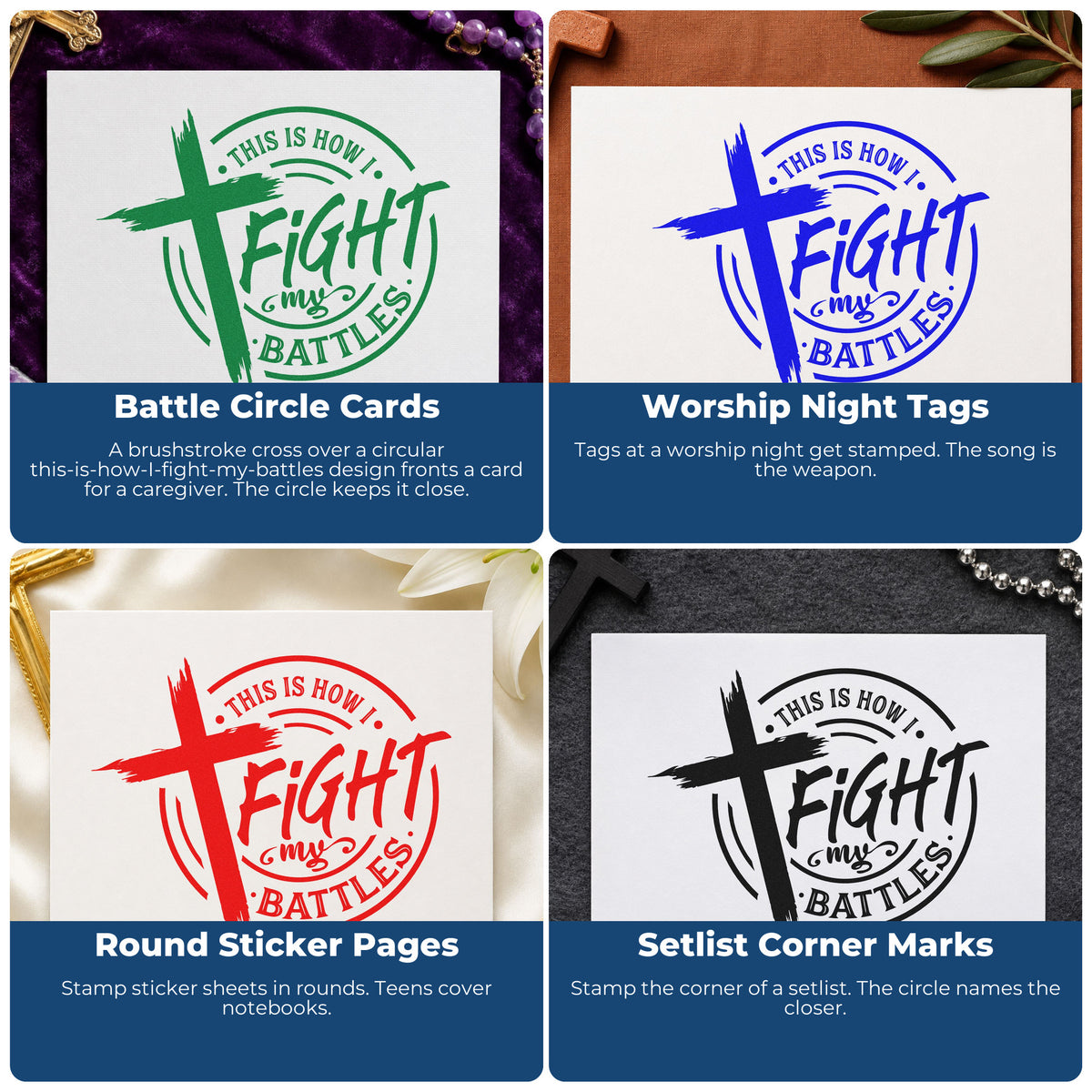 Four ways to use the Self-Inking Fight My Battles Emblem Stamp: battle circle cards, worship night tags, round sticker pages and setlist corner marks.