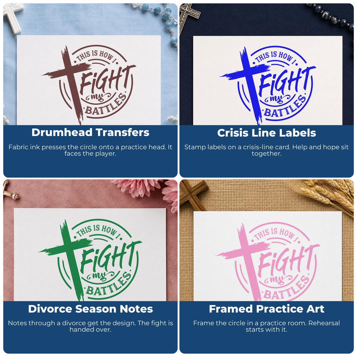 Four ways to use the Fight My Battles Emblem Slim Pre-Inked Stamp: drumhead transfers, crisis line labels, divorce season notes and framed practice art.