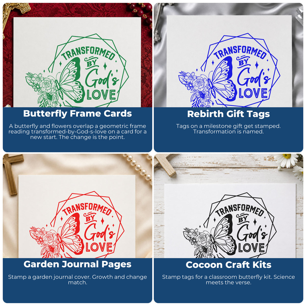 Four ways to use the Wood Handle Transformed By God's Love Rubber Stamp: butterfly frame cards, rebirth gift tags, garden journal pages and cocoon craft kits.