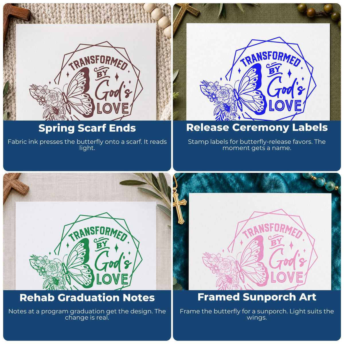 Four ways to use the Wood Handle Transformed By God's Love Rubber Stamp: spring scarf ends, release ceremony labels, rehab graduation notes and framed sunporch art.