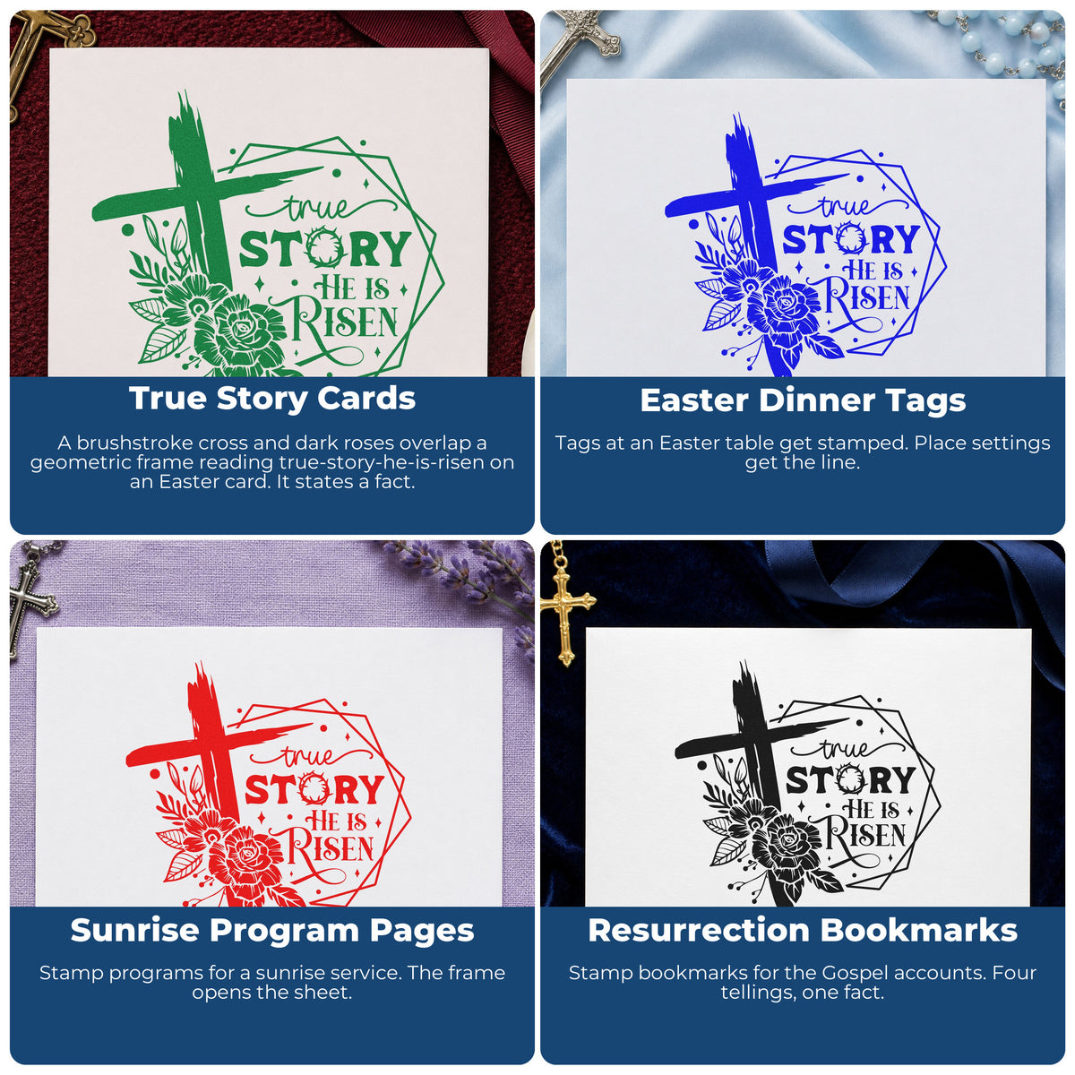 Four ways to use the Duo Hand True Story Risen Rose Framed Lettering Rubber Stamp: true story cards, easter dinner tags, sunrise program pages and resurrection bookmarks.
