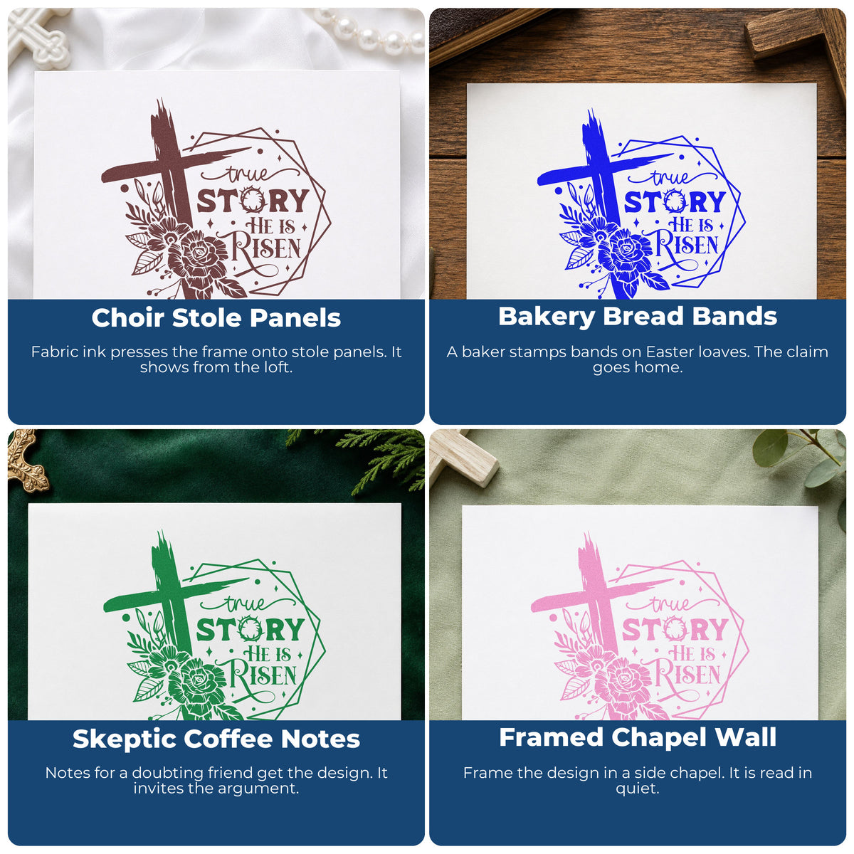 Four ways to use the True Story Risen Rose Framed Lettering Stamp – PSI Pre-Inked: choir stole panels, bakery bread bands, skeptic coffee notes and framed chapel wall.