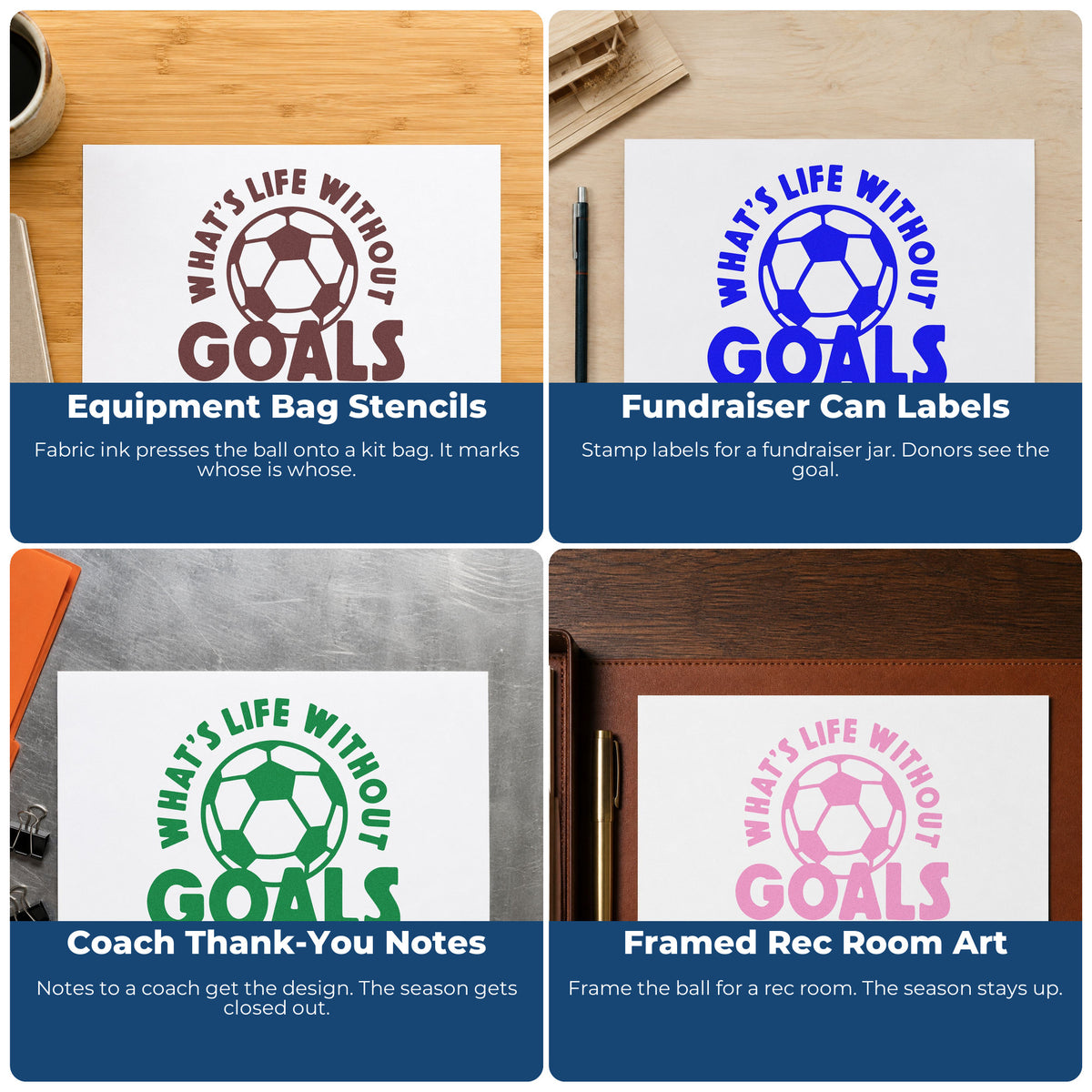 Four ways to use the Life Without Goals Ball Arch Rubber Stamp – Duo Hand: equipment bag stencils, fundraiser can labels, coach thank-you notes and framed rec room art.